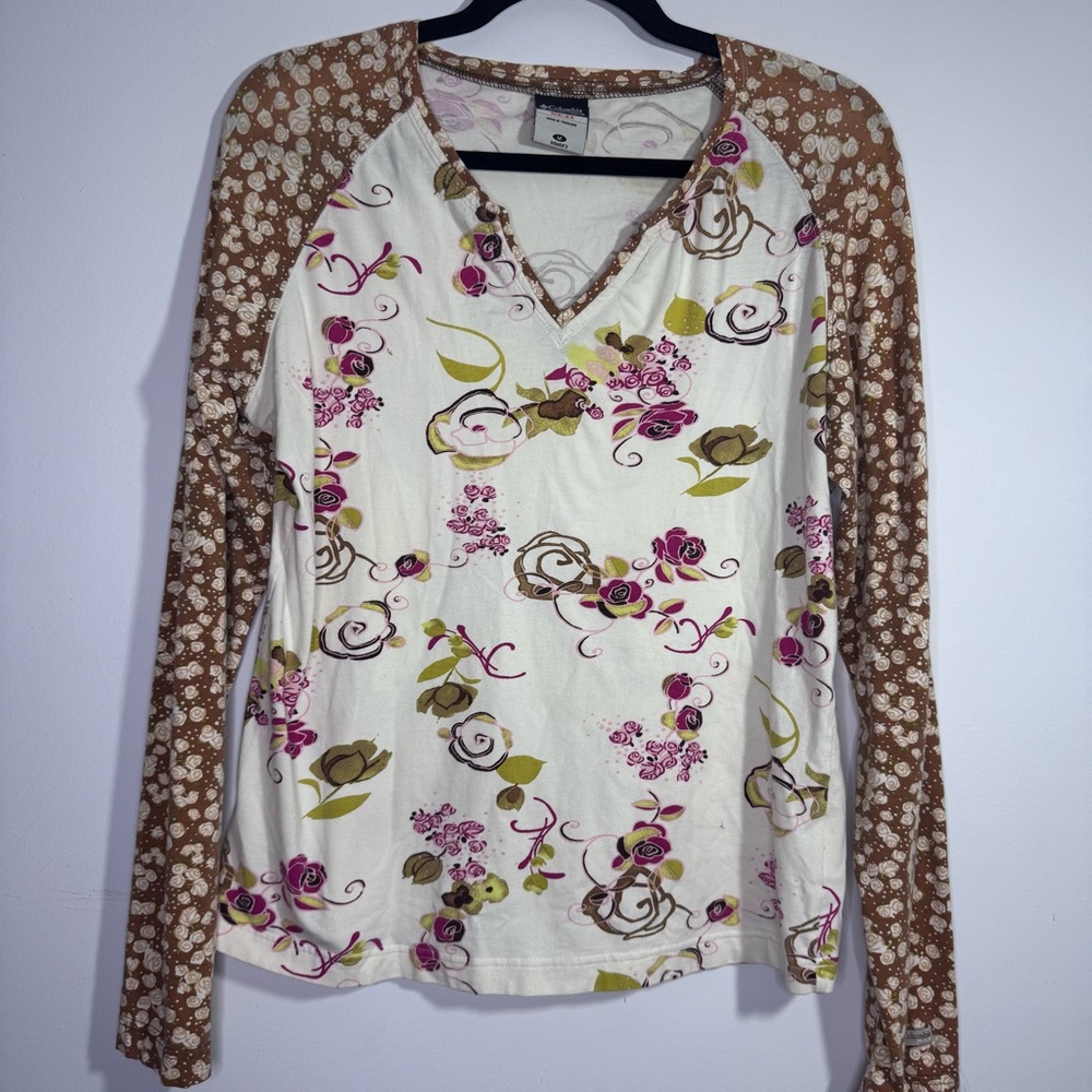 Columbia Floral Long Sleeve Top Brown Cream V Neck Stretch Women M
